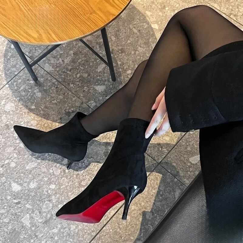 Dayao【New Year Boots】5.5Cm Red-Soled Pointed-Toe Stiletto Slim Boots with Suede Soft Sole, Comfortable High-Heeled Ankle Boots