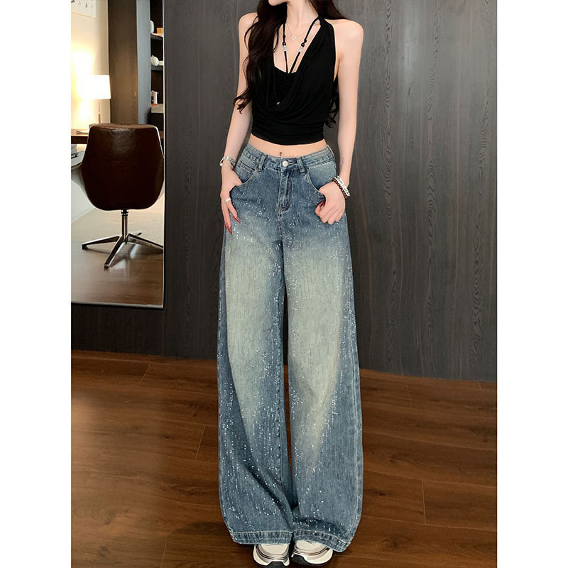 Li Li Clothing Galaxy Rhinestone Wide-Leg Jeans for Women 2025 Autumn High-Waisted Loose High-End Floor-Length Pants