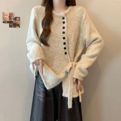 大码女装慵懒风软糯毛衣针织打底衫女秋冬胖妹妹宽松显瘦斜扣上衣