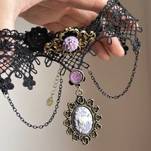 曼陀罗暗黑风黑色蕾丝紫色花朵项链蒸汽朋克哥特亚文化小众choker
