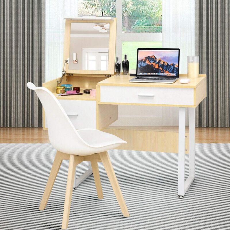 Espejo de tocador de estilo sencillo de madera, mesa de maquillaje moderna minimalista con gabinete de almacenamiento integrado para dormitorio.