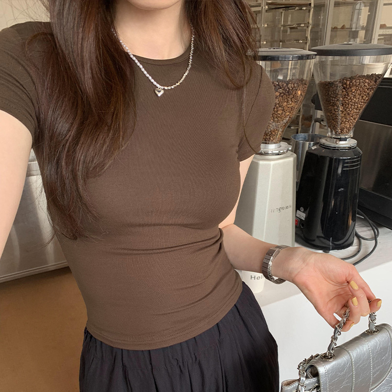 Round neck loose stretch short-sleeved T-shirt for women Spring and Summer 2024 new basic casual niche sweet and spicy small top