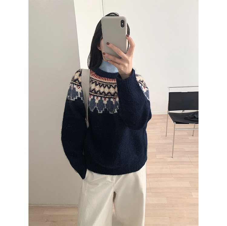 Tg Winter Christmas Fair Isle Retro Playful Jacquard Round Neck Pullover Loose Sweater Women 2025 New Style 26062
