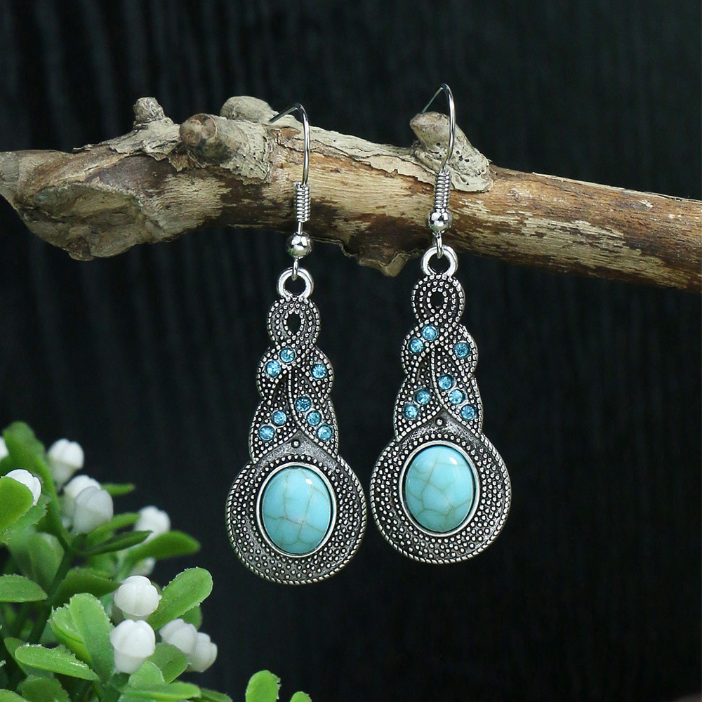9g Weight 1 Pair Ethnic Style Color Block Inlay Alloy Turquoise Drop Earrings