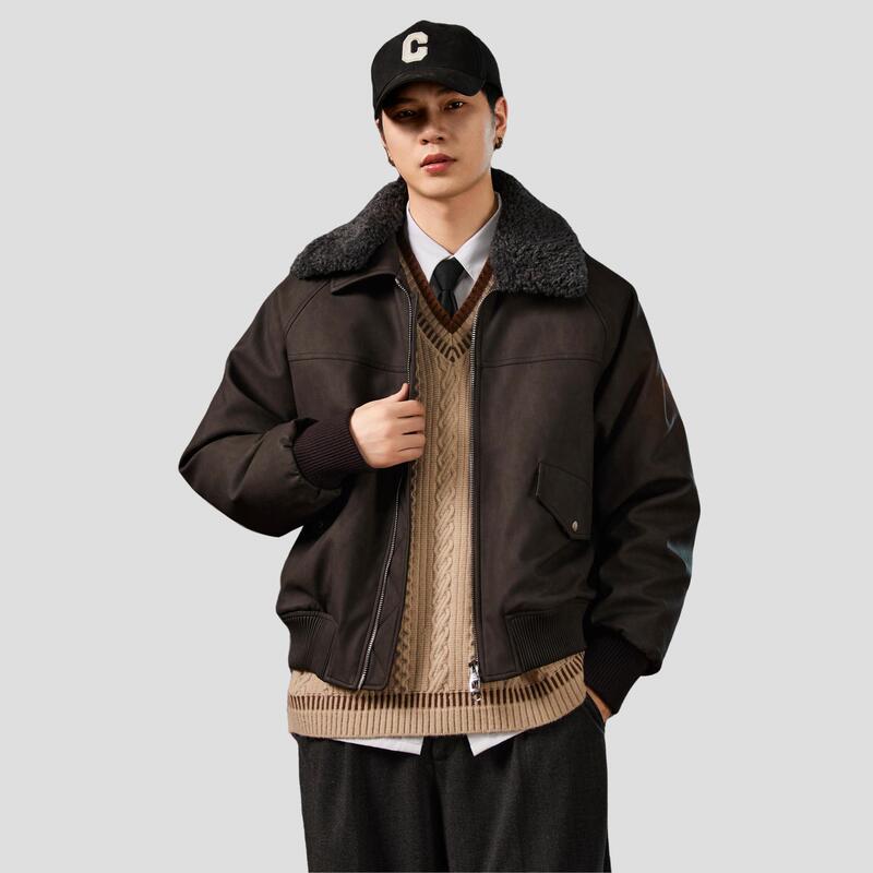 Allin down Jacket Men's Autumn and Winter Trendy American Style Detachable Fur Collar Retro Warm Duck down Pu Leather Jacket