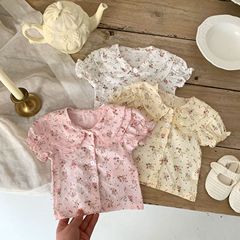 Girls floral shirts baby solid color baby doll collar summer short-sleeved T-shirts fashionable and versatile tops