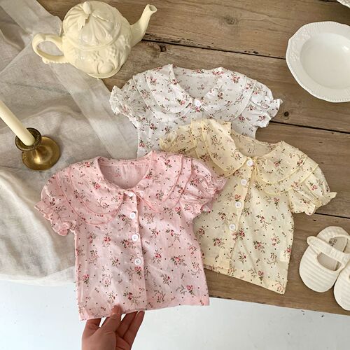 Girls floral shirts baby solid color baby doll collar summer short-sleeved T-shirts fashionable and versatile tops