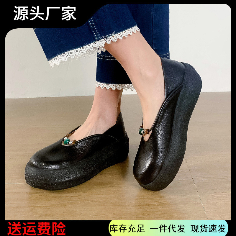 5.5cm thick-soled slip-on platform shoes for women, genuine leather slip-on shoes, new spring model, white casual high-heeled slippers