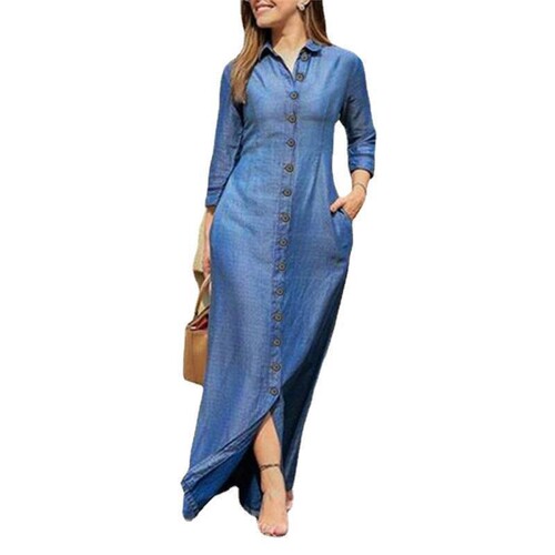 2025 European and American Women's Fashion Elegant, Stylish, Unisex Long-Sleeved Lapel Cardigan Solid-Color Long Denim Dress