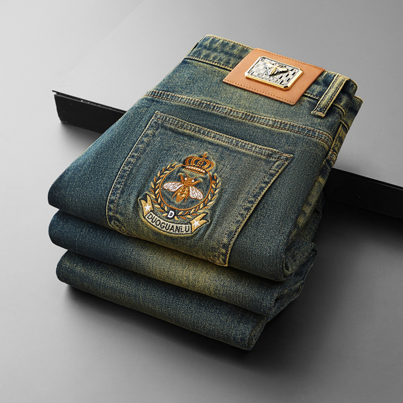 Autumn and Winter European Jeans Autumn New Fashion Embroidered Retro Blue Heavy Craft Washed Denim Men's Pants Small Straight Leg