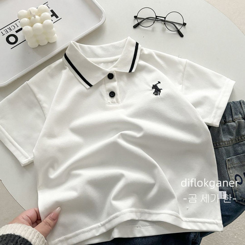 Boys' Summer Short-Sleeved Polo Shirt T-Shirt Embroidered Casual Korean-Style Summer Top for Kids and Students with Lapel Collar
