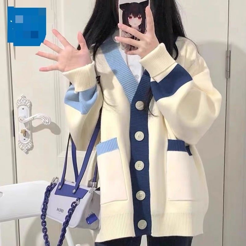 学院日系刺绣拼色毛衣新款学生秋冬针织宽松慵懒开衫外套驼色