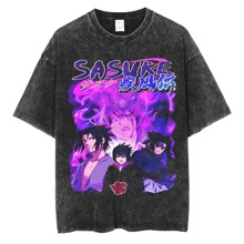 Men Streetwear Vintage Black Washed T Shirt Harajuku Anime N
