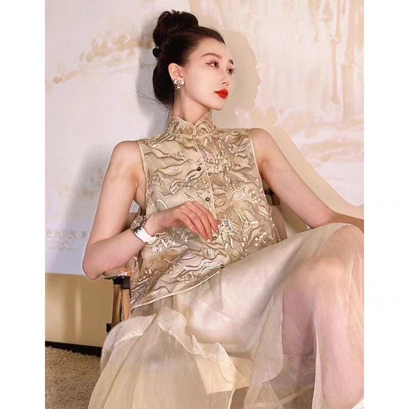Palace Retro Style Birthday Cheongsam Evening Dress Women's Banquet Elegant Engagement Vest Dress Two-Piece Set 33010