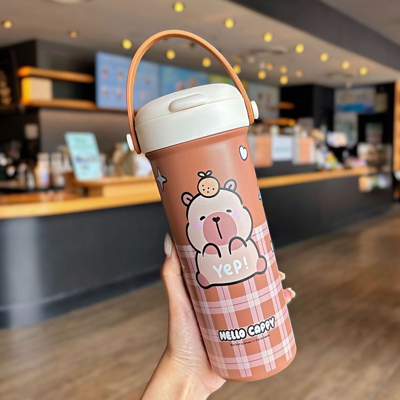 卡通手提真空保温杯卡爱卡皮巴拉不锈钢吸管杯双饮咖啡杯便携水杯|undefined