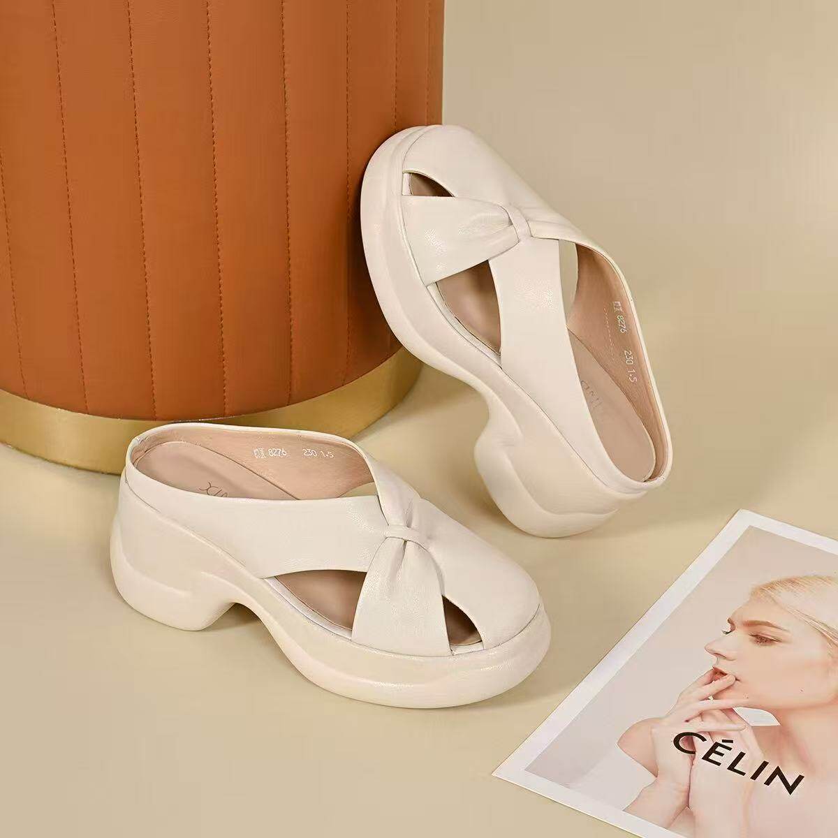 Dép sandal nữ da thật đế dày mũi trùm gót thấp chống trượt — màu đen chi tiết 8
