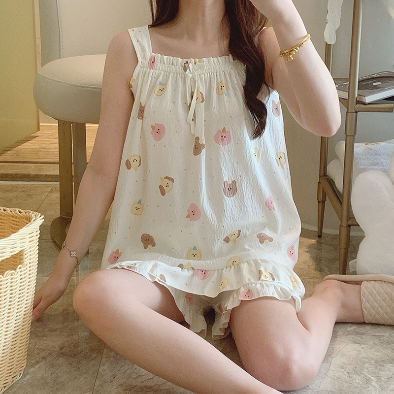 Venta al por mayor transfronteriza verano nuevo estilo tirantes pantalones cortos pijamas mujer nube algodón creativo lindo estampado ropa para el hogar se puede usar afuera