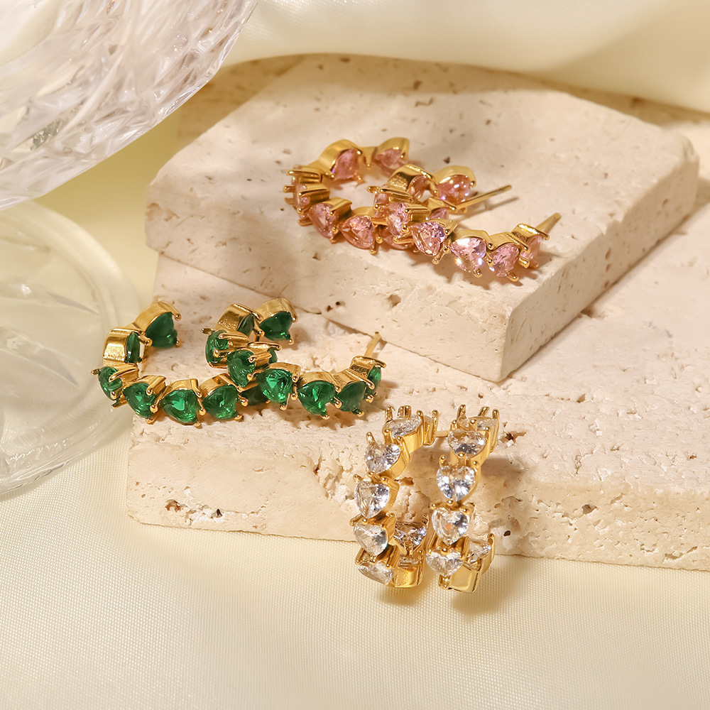 Fashion C Shape Heart Shape Stainless Steel Ear Studs Plating Inlay Zircon Stainless Steel Earrings