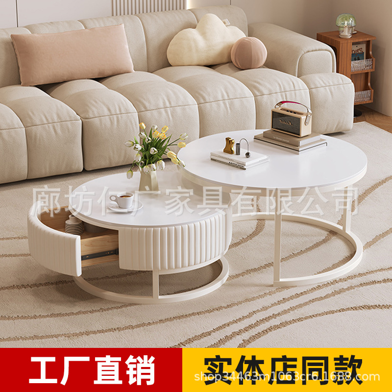 Mesa de centro de pizarra de roca, sala de estar, hogar, apartamento pequeño, mesa de té moderna de lujo ligero, mesa de centro de combinación simple de vidrio redondo de estilo crema