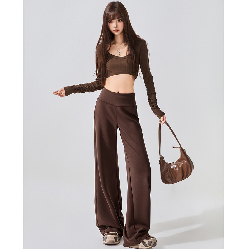 American-Style Milk Tea Brown Yoga Pants for Women, Spring 2026 New High-Waisted Loose Wide-Leg Casual Sports Sweatpants