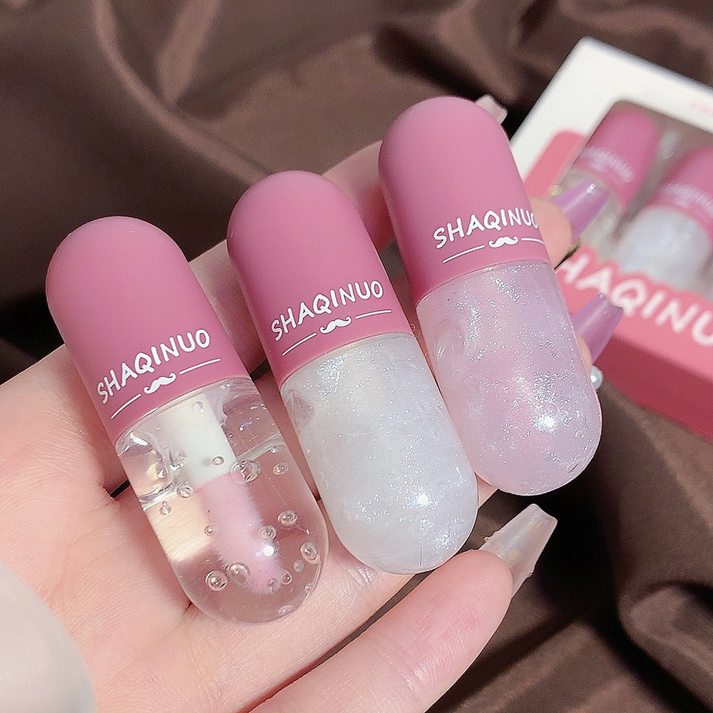 Sha Qi Nuo cápsula conjunto de brillo de labios transparente labio de vidrio plegable conjunto de recubrimiento femenino mini muestra de brillo de labios