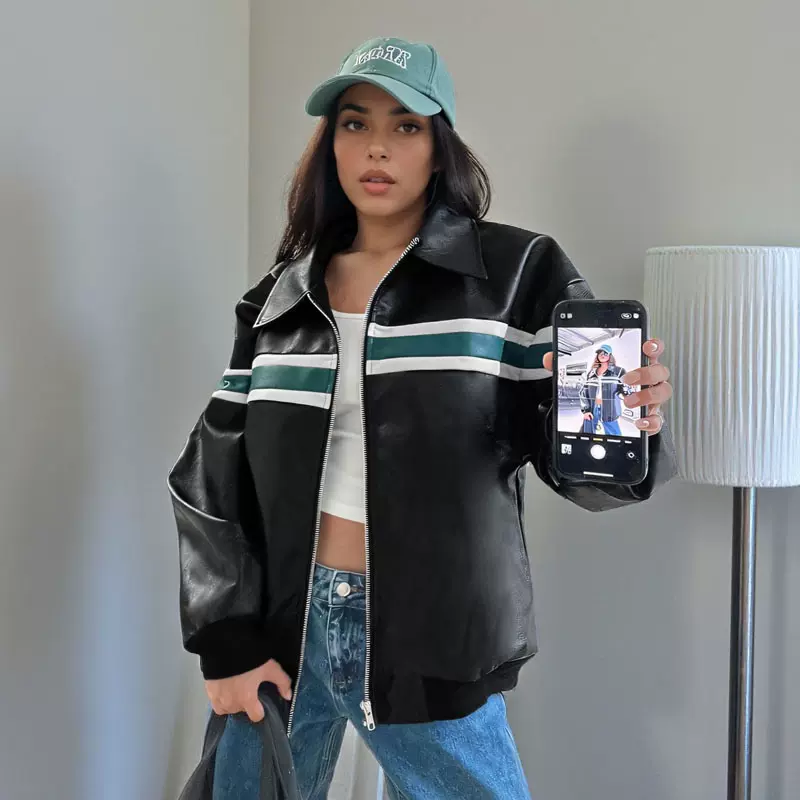 2025秋季新款美式街头风黑色做旧夹克皮衣女宽松拉链休闲长袖外套