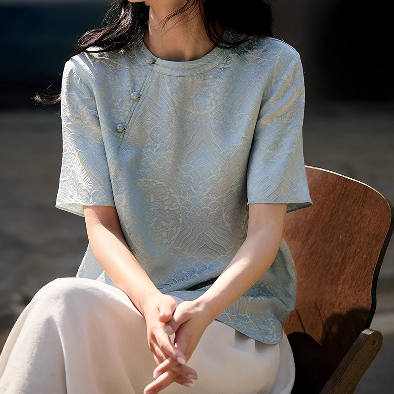 Heavy Weight Silk Rayon New Chinoiserie Jacquard Shirt Mulberry Silk Oblique Placket Plate Button National Style T-Shirt Top Summer Women's Clothing