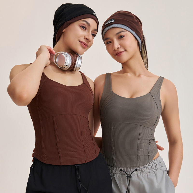 Zhejiang Xuanchen Fishbone Vest Yoga Slim Short High Waist Ribbed Sports All-In-One Cup Vest with Chest Pad