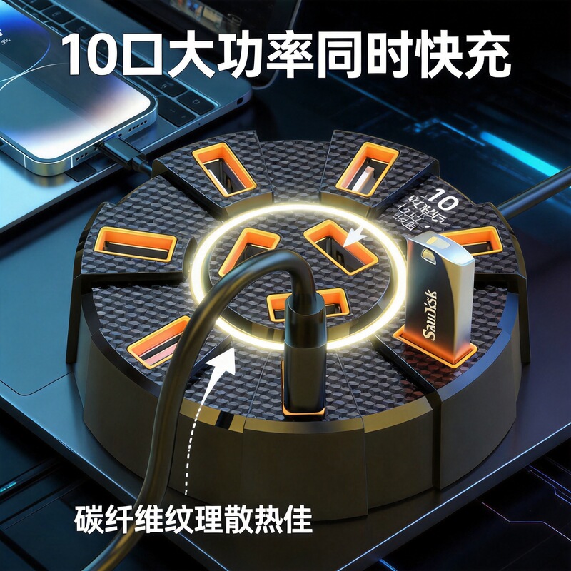 New colorful atmosphere light USB10-port 2.0 hub one-to-ten docking station multi-port external power supply New colorful atmosphere light USB10-port 2.0 hub one-to-ten docking station multi-port external power supply