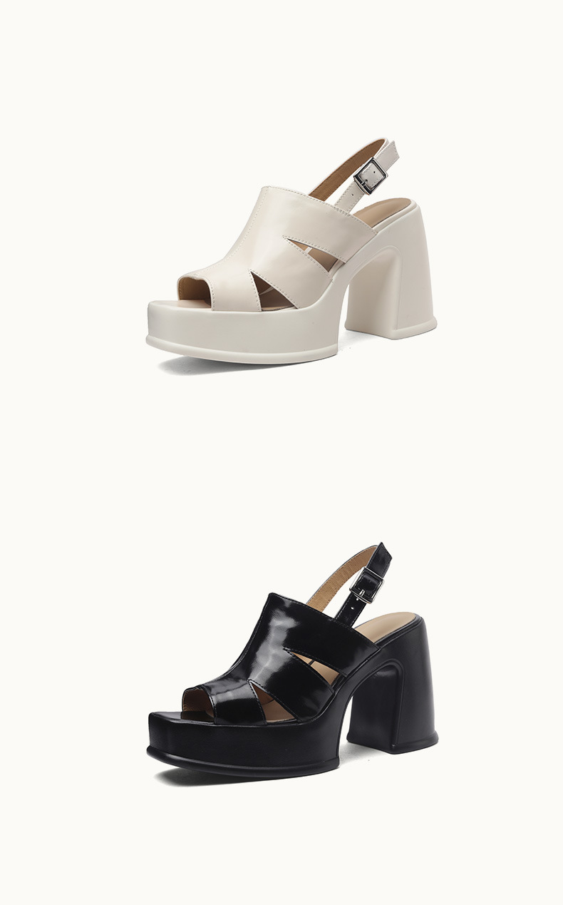 Sandal cao gót nữ hở mũi đế xuồng da thật gót 11 cm quai ngang kiểu La Mã — màu đen, màu trắng ngà chi tiết 9