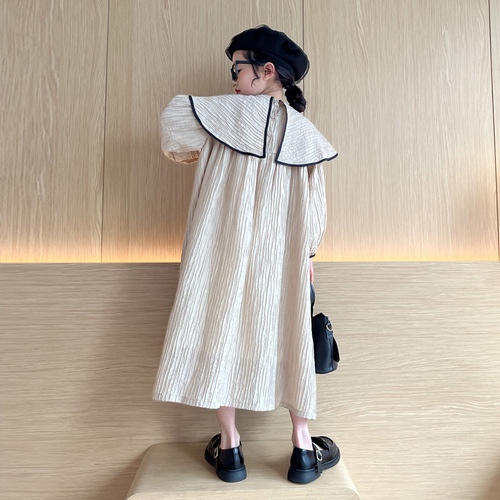 QZ6666 Spring New Korean Version Children's Dress with Large Cape Collar, Long Sleeve, High Waist Dress for Parent-Child Set, Girls' Long Dress