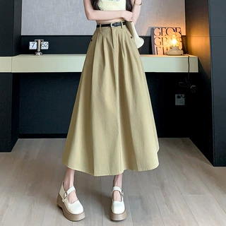 中长款牛仔半身裙女2024春夏新款高腰A字大摆过膝伞裙百褶长裙