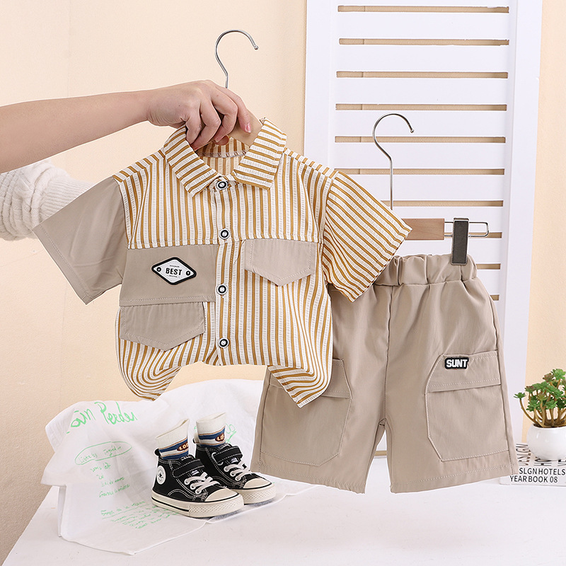 Cross-border for boys suit 2025 new summer striped short sleeve shirt shorts two-piece foreign trade manufacturers