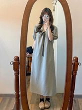 设计感泡泡袖格子连衣裙胖MM大码300斤夏季宽松显系带T恤长裙