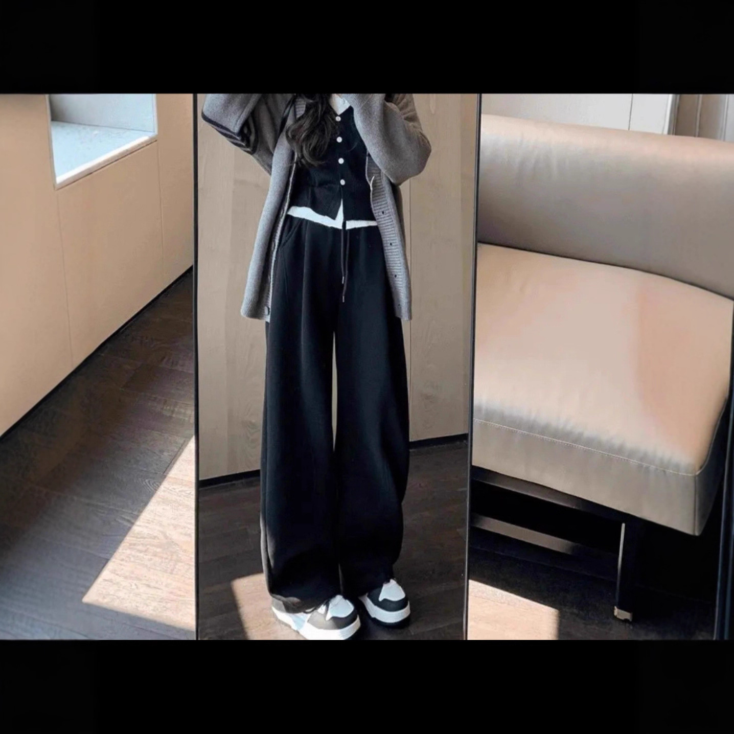 慵懒黑标镰刀裤女高腰阔腿休闲运动裤子2025春秋季保暖弯刀香蕉裤