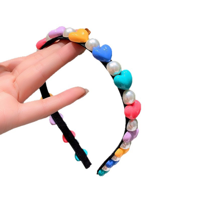 Colorido en forma de corazón de media cara diadema de perlas fresca dulce niña corazón tocado temperamento de alto grado todo partido nuevos accesorios para el cabello image 6