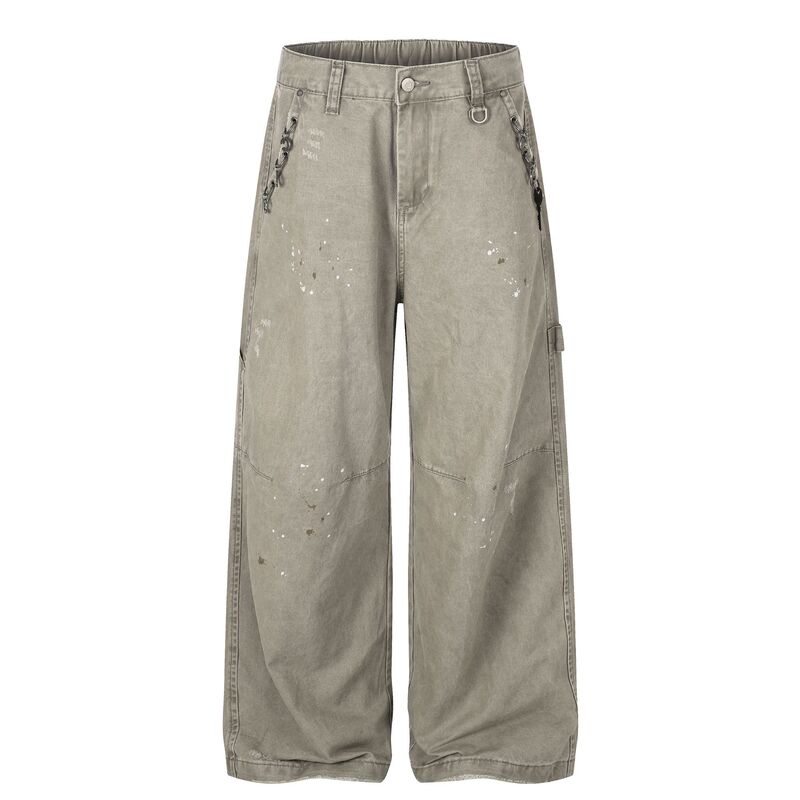 Z074 High Street American Style Unisex Vintage Splash-Ink Metal Ring Distressed Design Men's Loose Casual Cargo Pants Z074 High Street American Style Unisex Vintage Splash-Ink Metal Ring Distressed Design Men's Loose Casual Cargo Pants