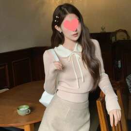粉色娃娃领针织打底衫女2024年秋冬修身内搭毛衣甜美减龄短款上衣