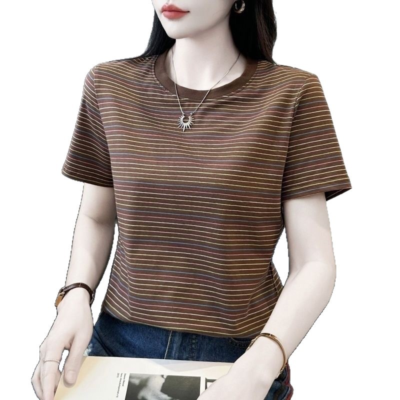 Striped T-shirt Large Size Women's Clothing New Summer Clothing Foreign Style Shirt Age-reducing Casual Loose T-shirt Short-sleeved Top_ecoleips.com