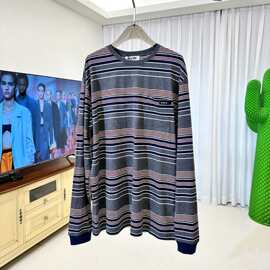 正确版本25SSmiu家条纹字母微标长袖T恤宽松圆领版型内搭修身型