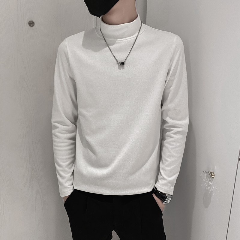 Luz viento maduro terciopelo medio cuello alto suéter hombres forrado de lana otoño e invierno marca de moda manga larga color sólido moda camisa de fondo camiseta