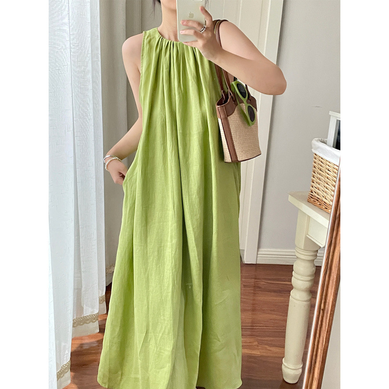 Cotton and Linen Lemon Green Sleeveless Vest Dress Women's Summer New Style Vertical Tailoring Romantic Girl Mid-Length Skirt Cotton and Linen Lemon Green Sleeveless Vest Dress Women's Summer New Style Vertical Tailoring Romantic Girl Mid-Length Skirt