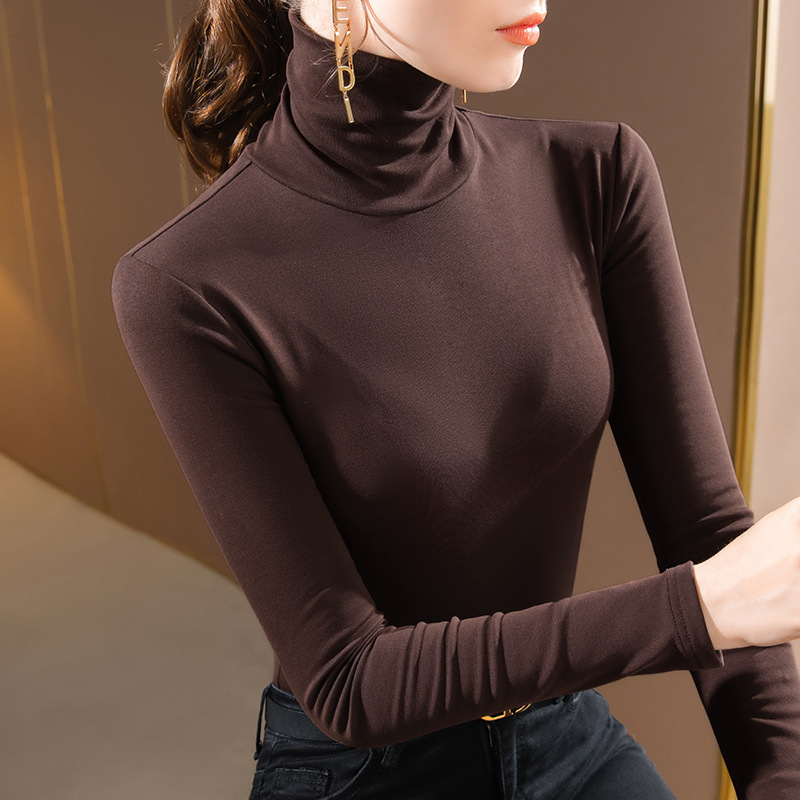 Camisa de fondo de cuello alto para mujer 2022 Otoño e Invierno Nueva Camiseta de manga larga de color sólido con forro polar cálido Cintura interior superior ajustada image 3