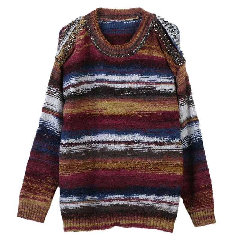 Dopamine Retro Sweater Autumn and Winter New Women's Pullover Contrast Shoulder Diamond Loose Lazy Style Knitted Sweater for Women