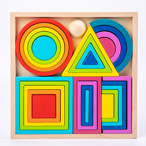 Rainbow building block set, villain geometric shape math teaching aids, wooden stacking high children's educational toys wholesale