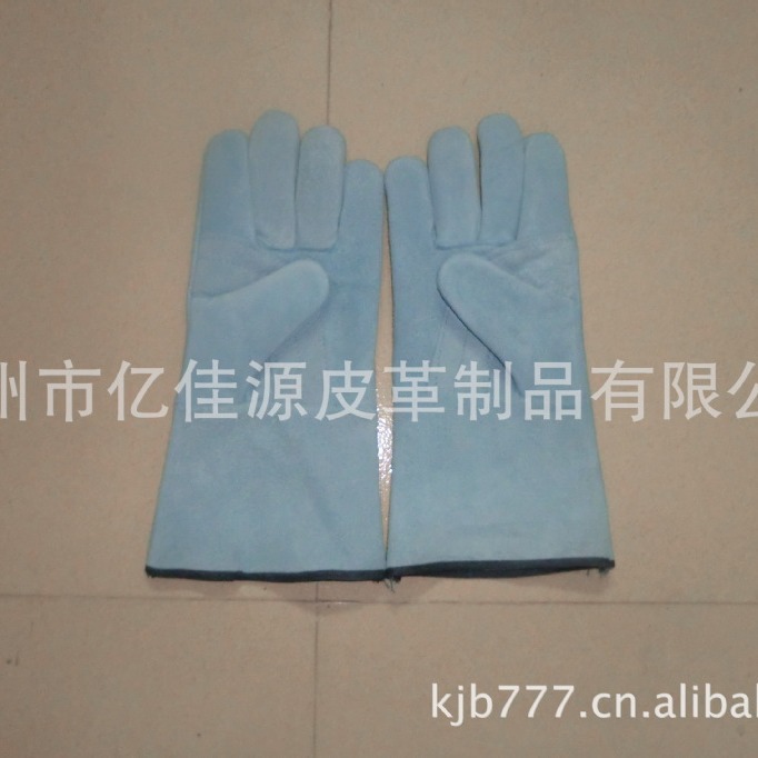 韩国蓝电焊手套焊工隔热翻毛牛皮耐磨劳保防护手套供应