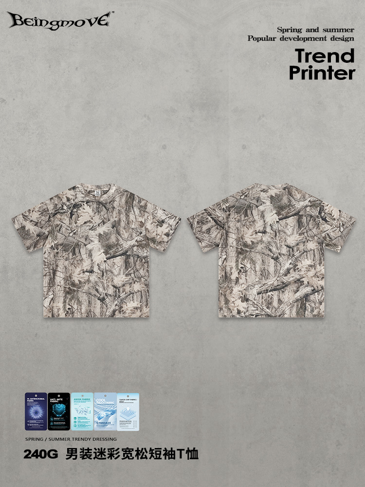 Calle secada| 2025 verano Europa y América marca de moda hombre transferencia de calor camuflaje camiseta de hombro suelta casual mangas cortas hombre