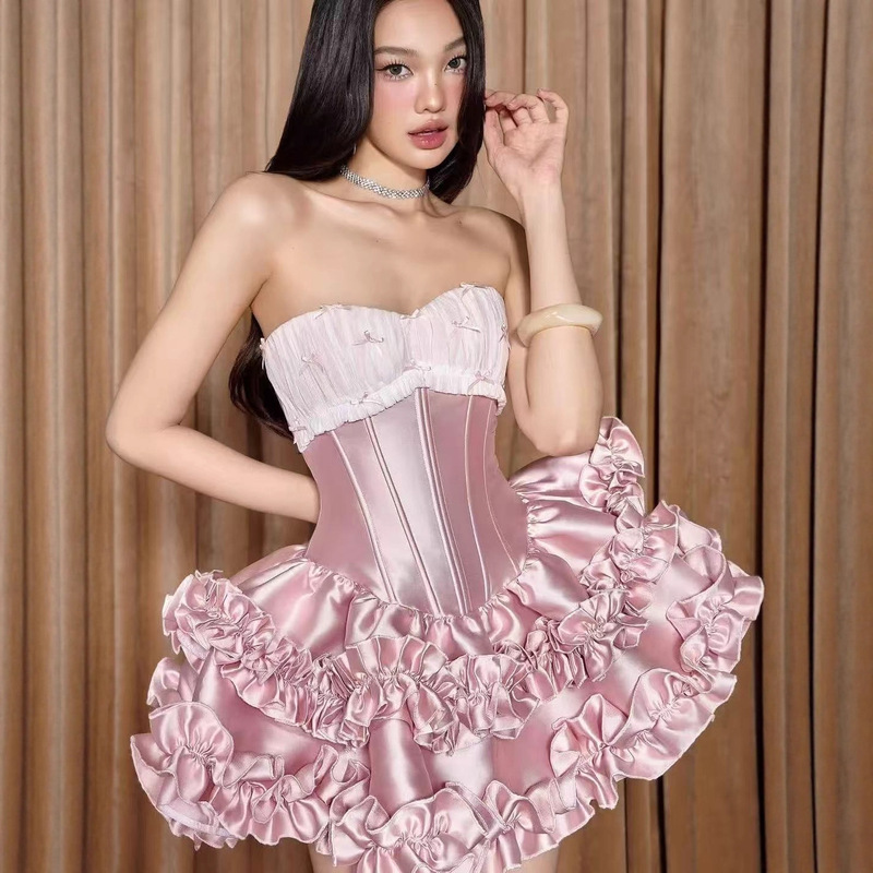 Vietnamese Niche Design L@Nec* Sweet Girly Tutu Skirt Bow Tube Top Birthday Dress with Safety Pants