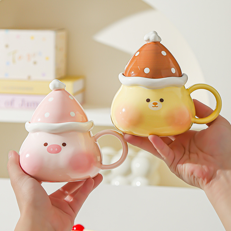 Creativo lindo caramelo haws dibujos animados cerdito cachorro taza cerámica taza con tapa regalo taza de agua taza de pareja