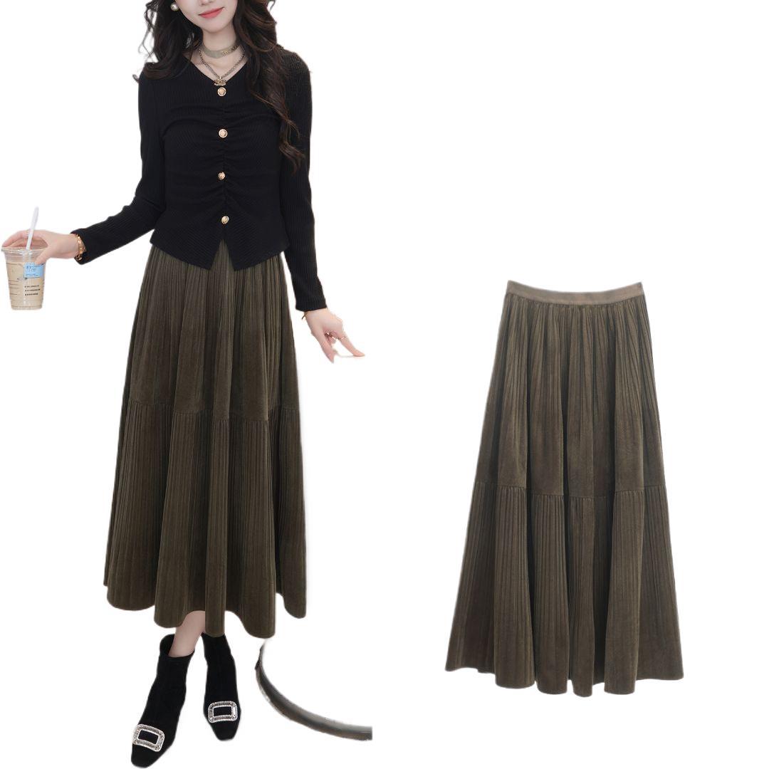 가을과 겨울 벨벳 스커트 새로운 도착 스티칭 높은 허리 슬림-적합 중간 길이 스커트 안개가 슬리밍 주름 스커트 대형 스윙 스커트